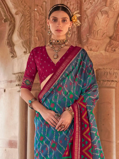 Attractive Blue Patola Printed Georgette Festival Wear Saree With Blouse